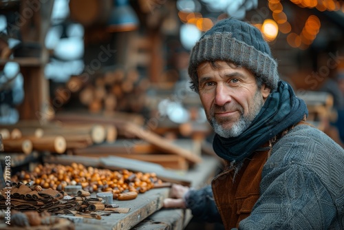 A contemplative middle-aged craftsman surrounded by woodwork in his rustic workshop