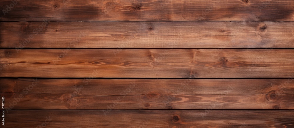 Fototapeta premium A closeup shot of a brown hardwood plank wall with a rich amber wood stain. The intricate pattern of the flooring material adds warmth to the building