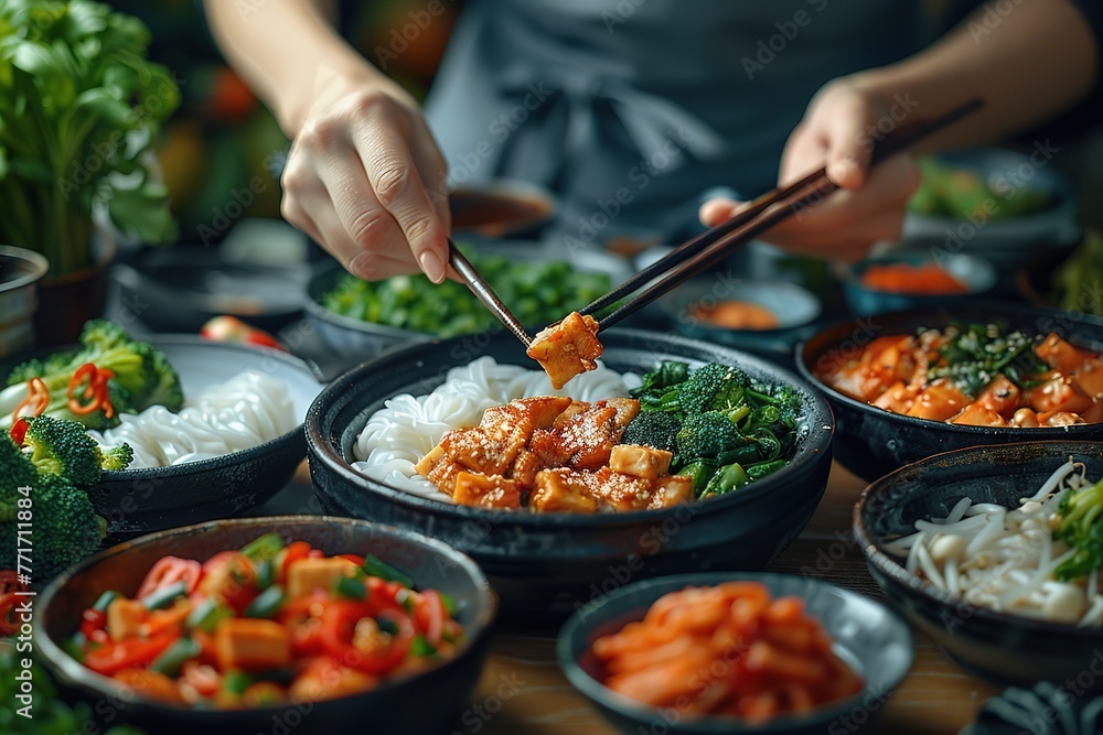 Closeup of hands using chopsticks to eat Asian food, surrounded by various dishes and ingredients