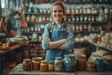 A smiling female artisan with crossed arms standing behind jars of homemade preserves and pottery