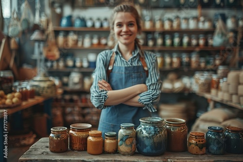 A smiling female artisan with crossed arms standing behind jars of homemade preserves and pottery photo