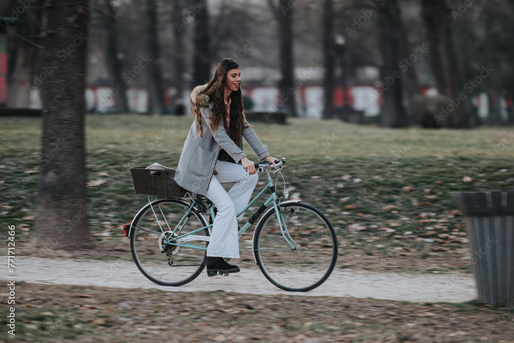 Obraz premium Elegant businesswoman with a bicycle in a city park, showcasing an eco-friendly commute and active lifestyle.
