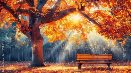  A sunlit park bench under yellow-leafed trees with leaves strewn about