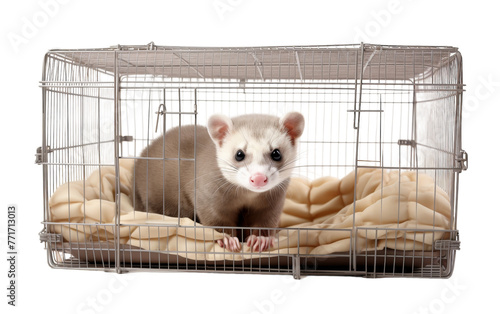 A cute ferret relaxes inside a cage on top of a soft blanket photo