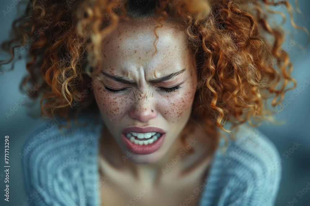 Strong emotion is captured in this shot of a woman with tears in her eyes and freckles Strong emotion is captured in this shot of a woman with tears in her eyes and freckles