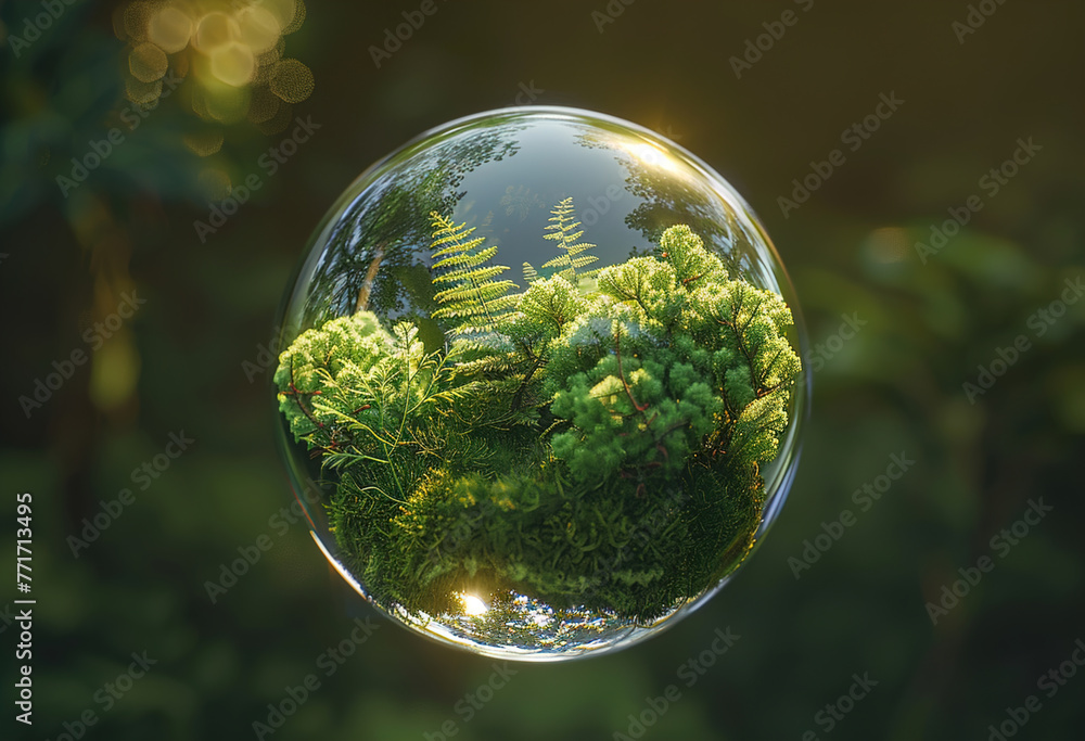 A glass sphere with a forest inside it. The sphere is green and has a clear surface