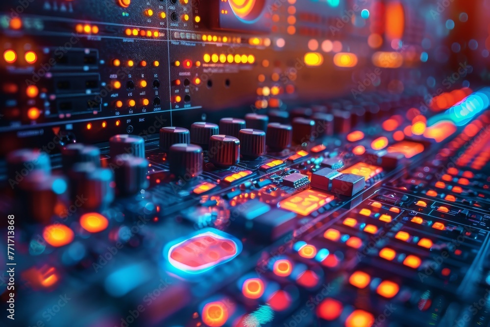 Close-up of high-tech mixing console in a dimly lit sound studio, with glowing neon buttons signaling active sound channels