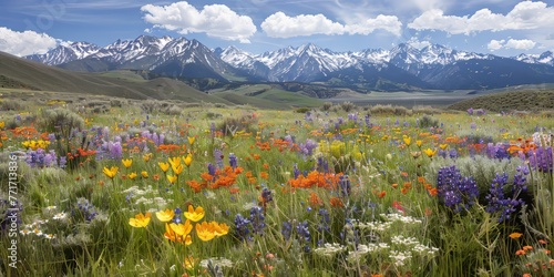 Colorful wild flowers cover the field with majestic mountains in the background under a blue sky. Spring nature background, Natural colorful panoramic landscape