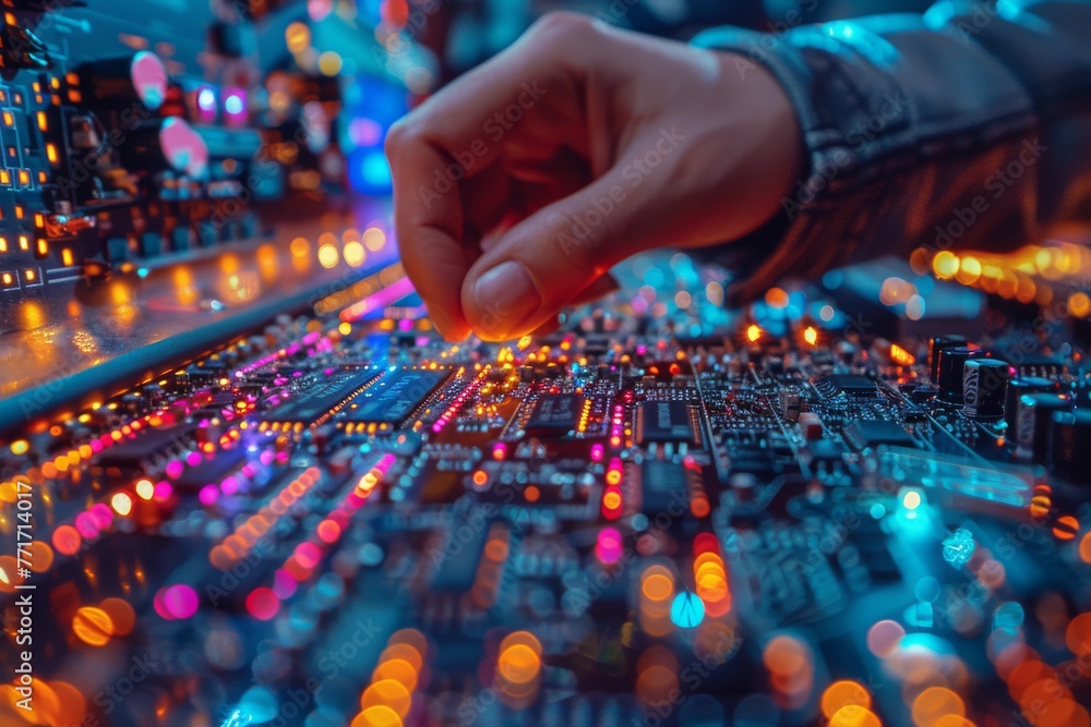 A person's hand engaging with a vibrant, illuminated circuit board reflecting technological manipulation