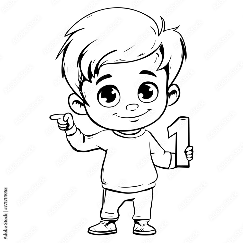 Black and white cartoon character coloring of a happy boy with a number of primary age