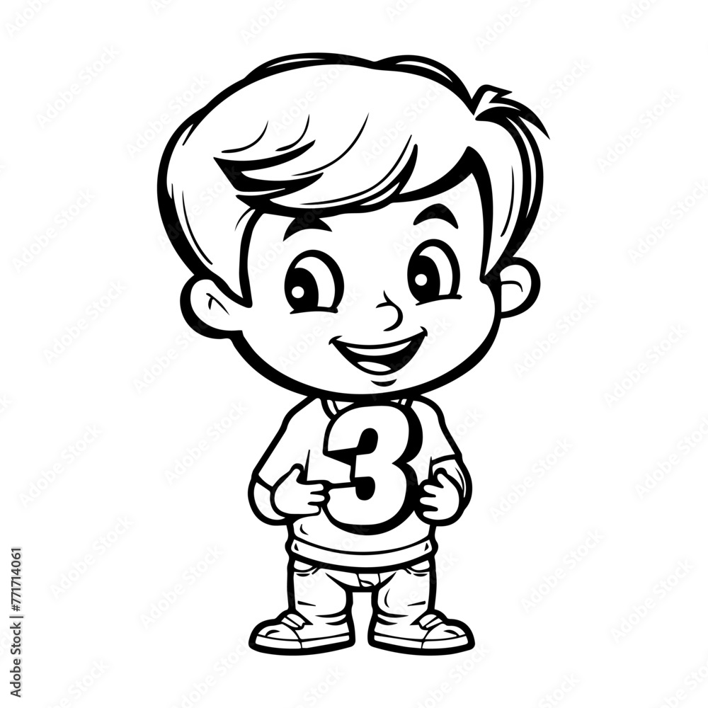 Black and white cartoon character coloring of a happy boy with a number of primary age Black and white cartoon character coloring of a happy boy with a number of primary age