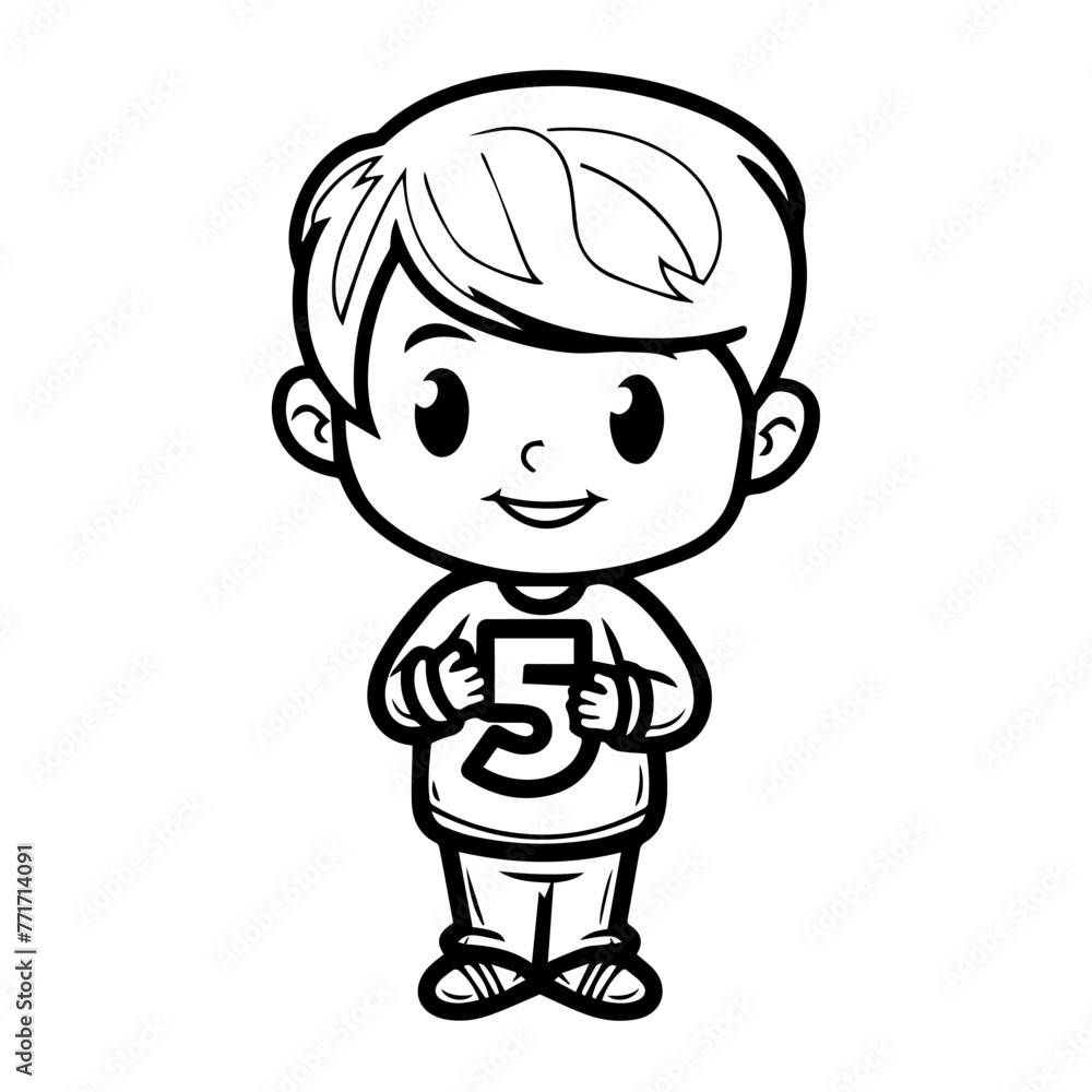 Black and white cartoon character coloring of a happy boy with a number of primary age