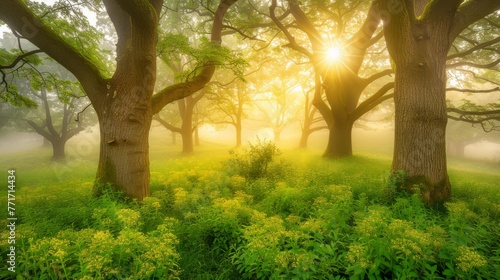  The sun shines through trees  on foggy days  in green fields filled with wildflowers