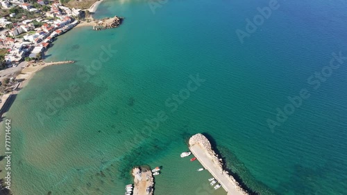 Crete, Greece. Aerial drone shot. Falassarna Beach in Chania, Elafonisi lagoon, Falassarna, Hills and town of Palaiokastro, Old christian church ruins in Crete, Katholiko Monastery greek landmark photo