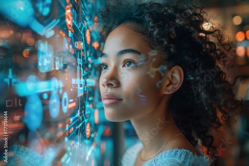 A young, mixed-race girl intently gazing at a futuristic digital interface, showing curiosity and wonder photo