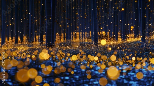   a forest at night, illuminated by yellow lights and dotted with glittering reflections on the ground and surrounding trees © Anna