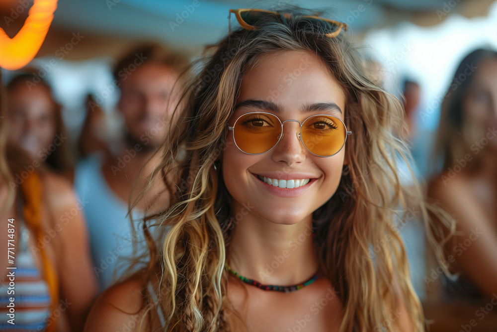 group of smiling friends at a party in a warm country, wearing sunglasses and tan group of smiling friends at a party in a warm country, wearing sunglasses and tan