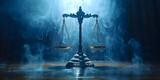 Symbol of Justice: Scales in a dim courtroom representing equality and the law. Concept Justice, Law, Scales, Courtroom, Symbol