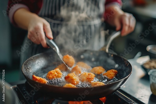 Someone is frying chicken nuggets in a frying pan