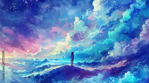  A portrait atop a hill amidst a blue canvas adorned with clouds and stars