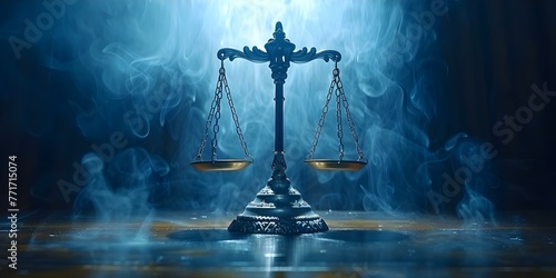 Symbol of Justice: Scales in a dim courtroom representing equality and the law. Concept Justice, Law, Scales, Courtroom, Symbol photo