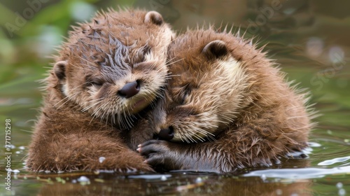  Two otters cuddling in the water, holding onto each other's backs with their paws