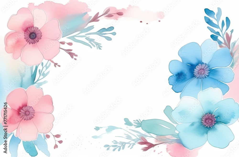 A watercolor-style background showcasing romantic spring flowers in pastel pink and blue colors, with space for text.