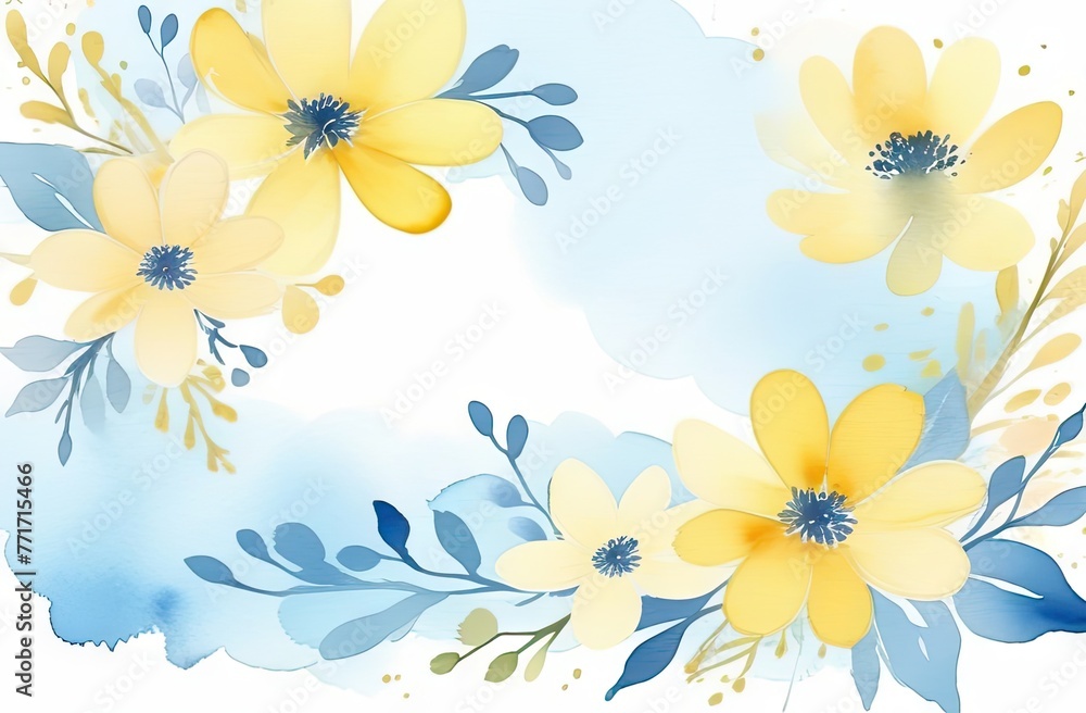 A background featuring romantic spring flowers in pastel blue and yellow hues, watercolor style with space for text.