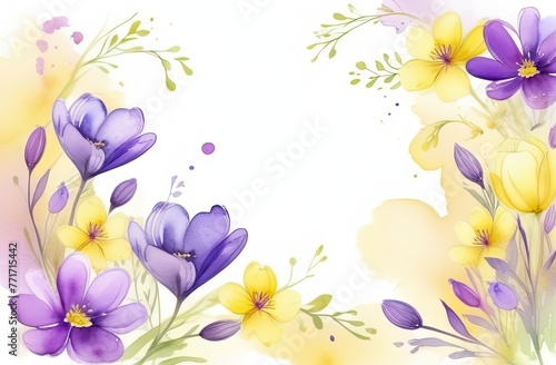 A background featuring romantic spring flowers in yellow and purple hues  watercolor style with space for text.