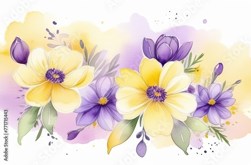 Watercolor-style illustration of romantic spring flowers in yellow and purple hues.