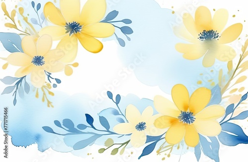 A background featuring romantic spring flowers in pastel blue and yellow hues, watercolor style with space for text. © JuLady_studio