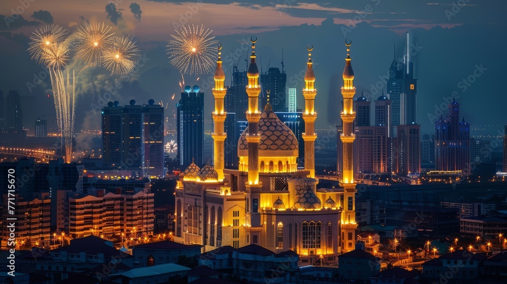 Photo of a city skyline at dusk during Eid al-Adha, with mosques illuminated and fireworks in the background, highlighting the communal spirit and festive mood.