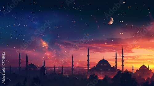 Stock illustration of a tranquil Islamic holy night, with mosques silhouetted against a sky transitioning from a starry night to a sunrise glow, symbolizing hope and the beginning of a new day.