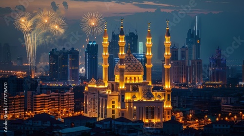 Photo of a city skyline at dusk during Eid al-Adha, with mosques illuminated and fireworks in the background, highlighting the communal spirit and festive mood.