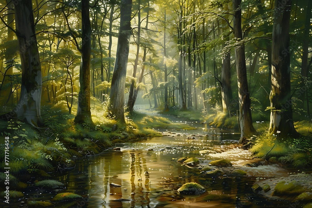 : A serene forest stream with the sun peeking through trees, casting dappled light