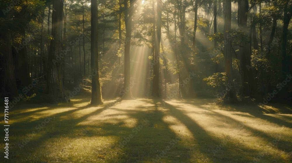  Sunlight filters through tree canopy in dense forest of tall, leafy trees over verdant grass