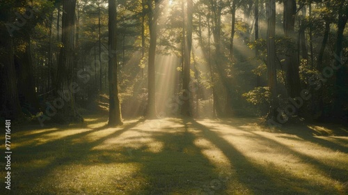  Sunlight filters through tree canopy in dense forest of tall  leafy trees over verdant grass