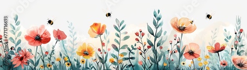 Summer watercolor garden, cartoon bees buzzing around pastel flowers photo