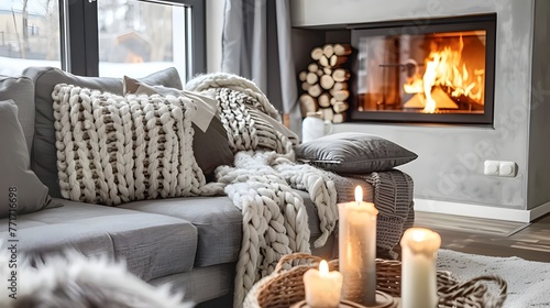 close-up image of a beige fabric sofa adorned with terra cotta pillows, set against the backdrop of a modern living room with boho-style interior design. 