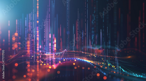 Visualization of a data network using colorful dots on a wavy surface and forming straight lines rising upwards, abstract background created with generative AI technology 