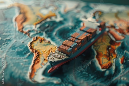 container cargo ship model on world map, transcontinental transportation, international shipping