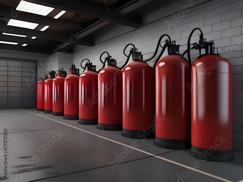 Fire extinguishers in a warehouse. Lot of fire extinguishers for protection and security in case of fire explosion. Industrial background. photo