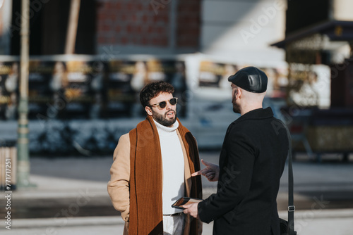 Two urban men engaging in casual conversation outdoors in the city.
