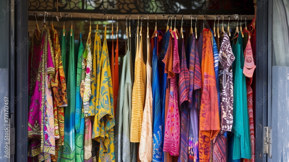 Colorful woman's dressing clothes on hangers on rack displayed in the modern boutique shop, woman shopping concept.