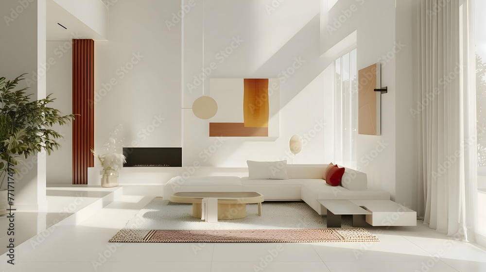 A serene white space punctuated by bursts of vibrant burgundy and saffron, infusing the minimalist sanctuary with a sense of playful sophistication A serene white space punctuated by bursts of vibrant burgundy and saffron, infusing the minimalist sanctuary with a sense of playful sophistication