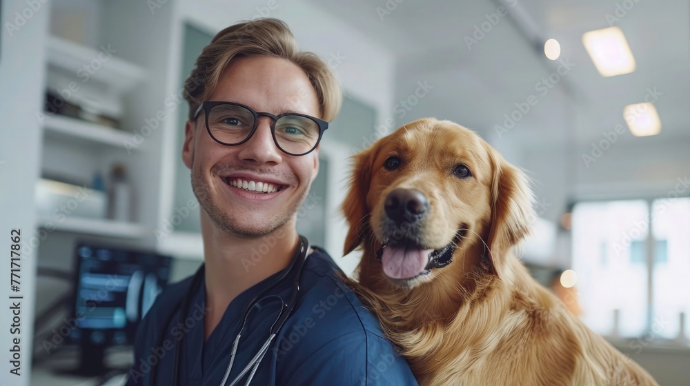A young handsome male doctor in glasses is holding a golden retriever dog inside a modern white clinic. Modern Veterinary Clinic. Handsome man with dog looking at camera with smile face. 