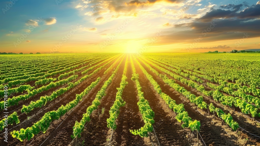  A verdant lettuce field bathed in setting sun background