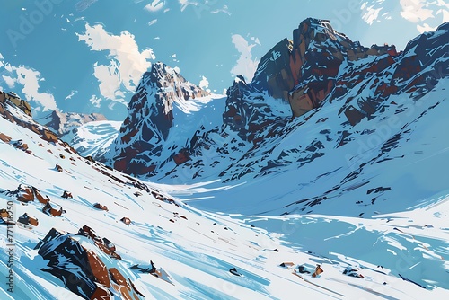 : A snowy mountain landscape with a contrast of icy blue snow and warm, earthy rock,