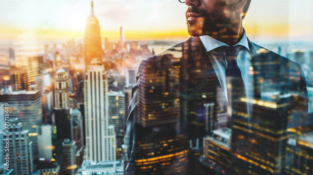 Double exposure of businessman and cityscape background. Concept of success in business. AI.