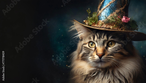Magical cat wearing a hat from a fairy tale.